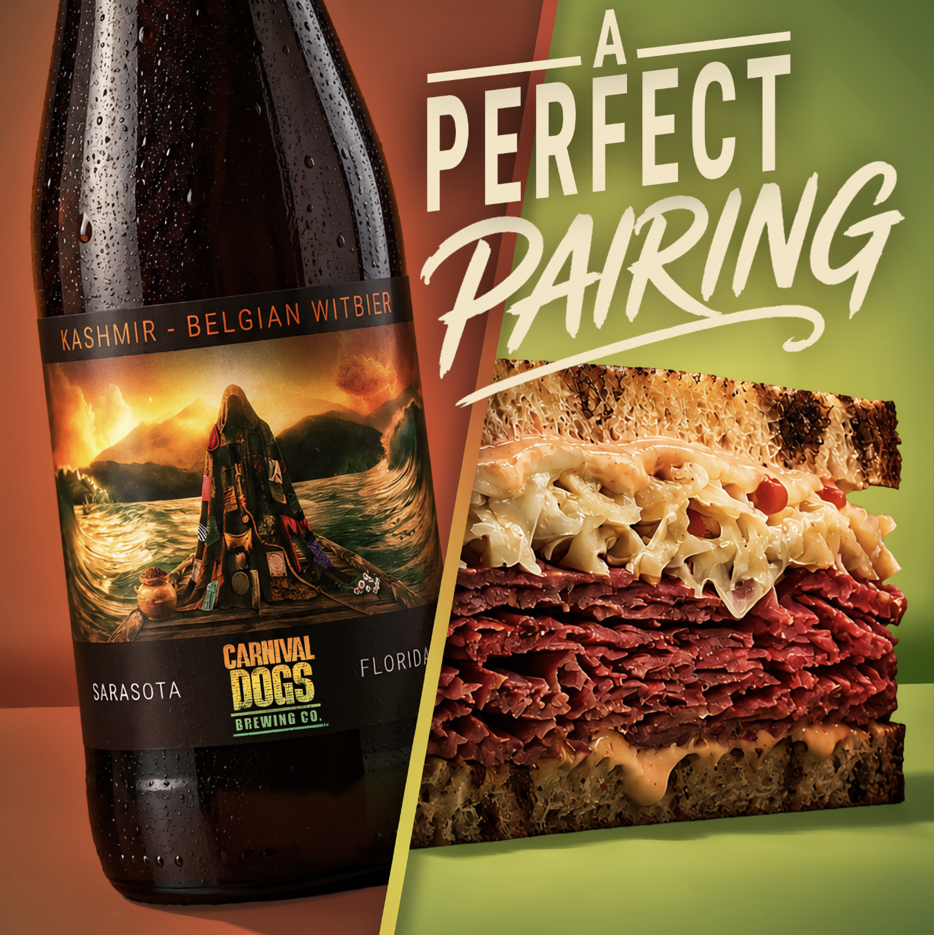 Kashmir Belgian Witbier bottle paired with a stacked pastrami Rachel sandwich in a Carnival Dogs Brewing Co. promotional graphic.