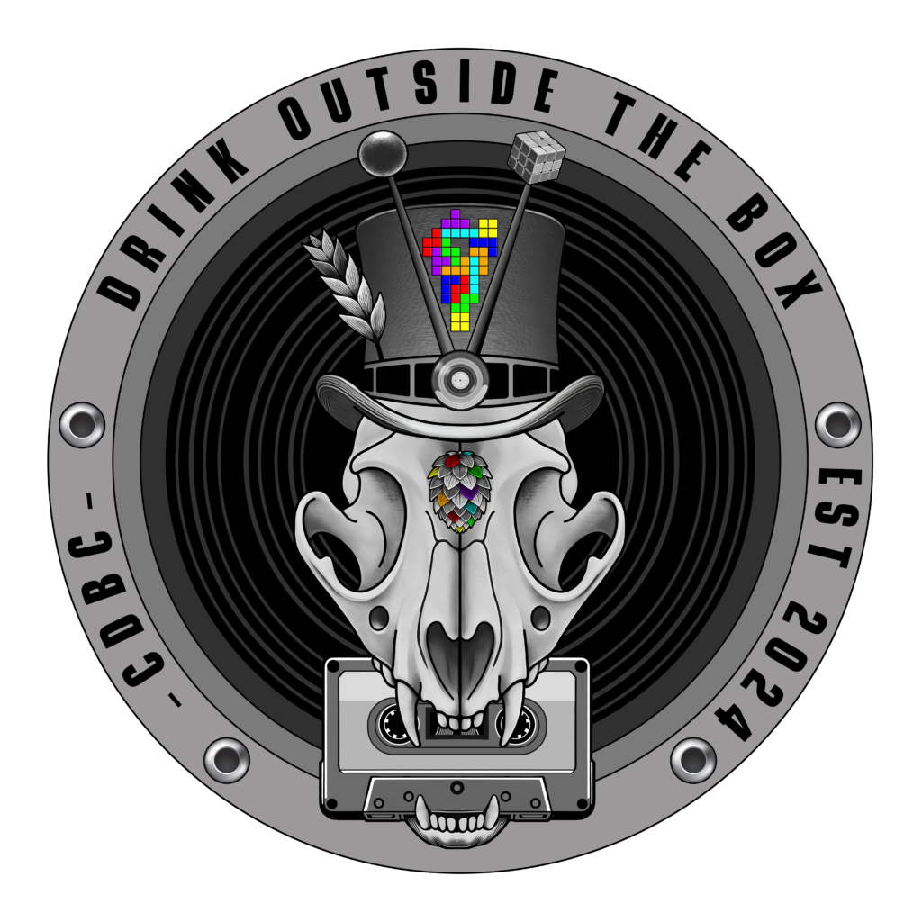 Carnival Dogs Brewing Co. skull logo featuring a vintage top hat, vinyl record, and the tagline "Drink Outside the Box."