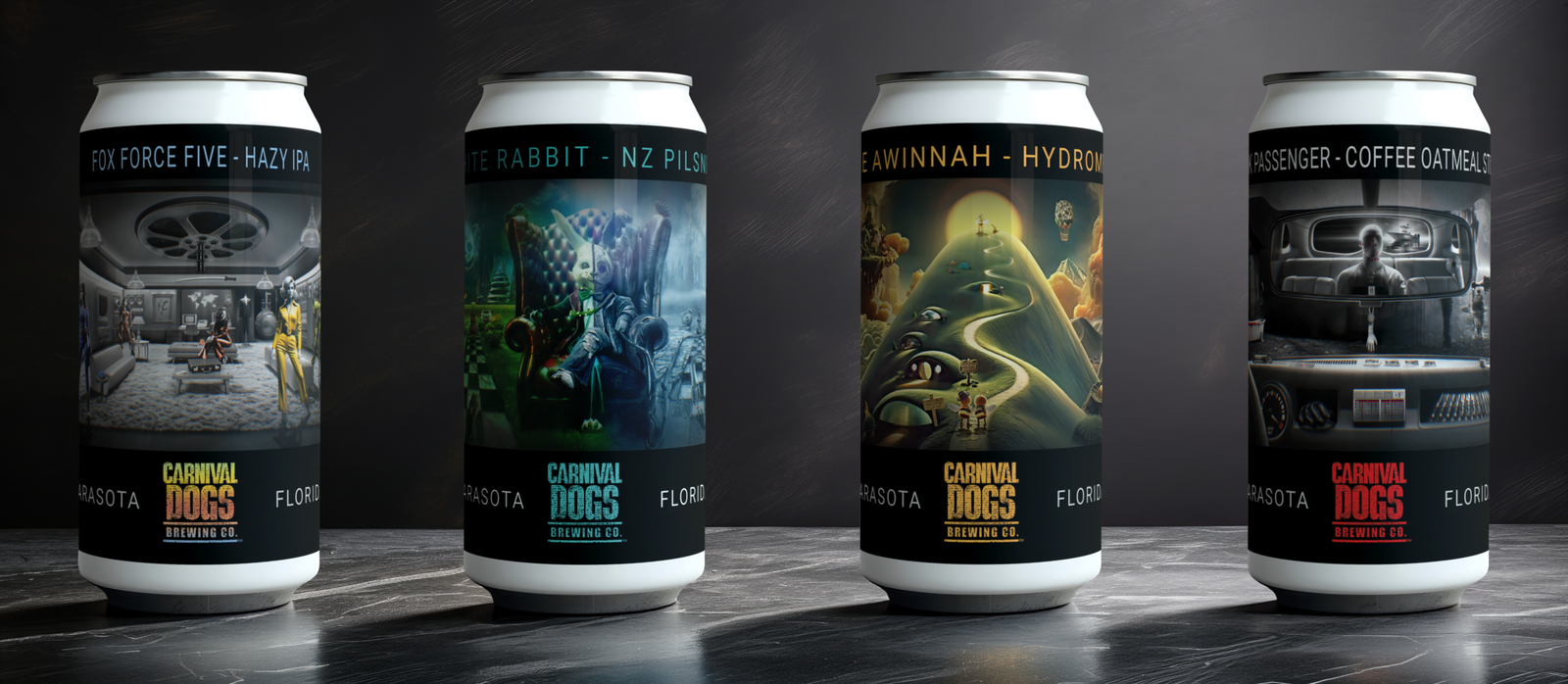 Carnival Dogs Brewing Co craft beverage lineup featuring mead, stout, hazy IPA and New Zealand pilsner.