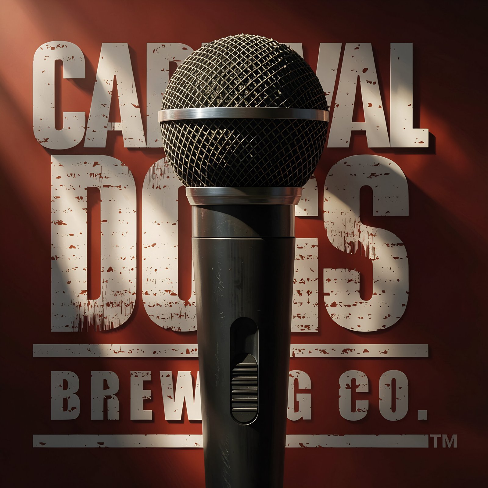 Microphone in front of Carnival Dogs Brewing Co. branding representing live music performances and entertainment events.