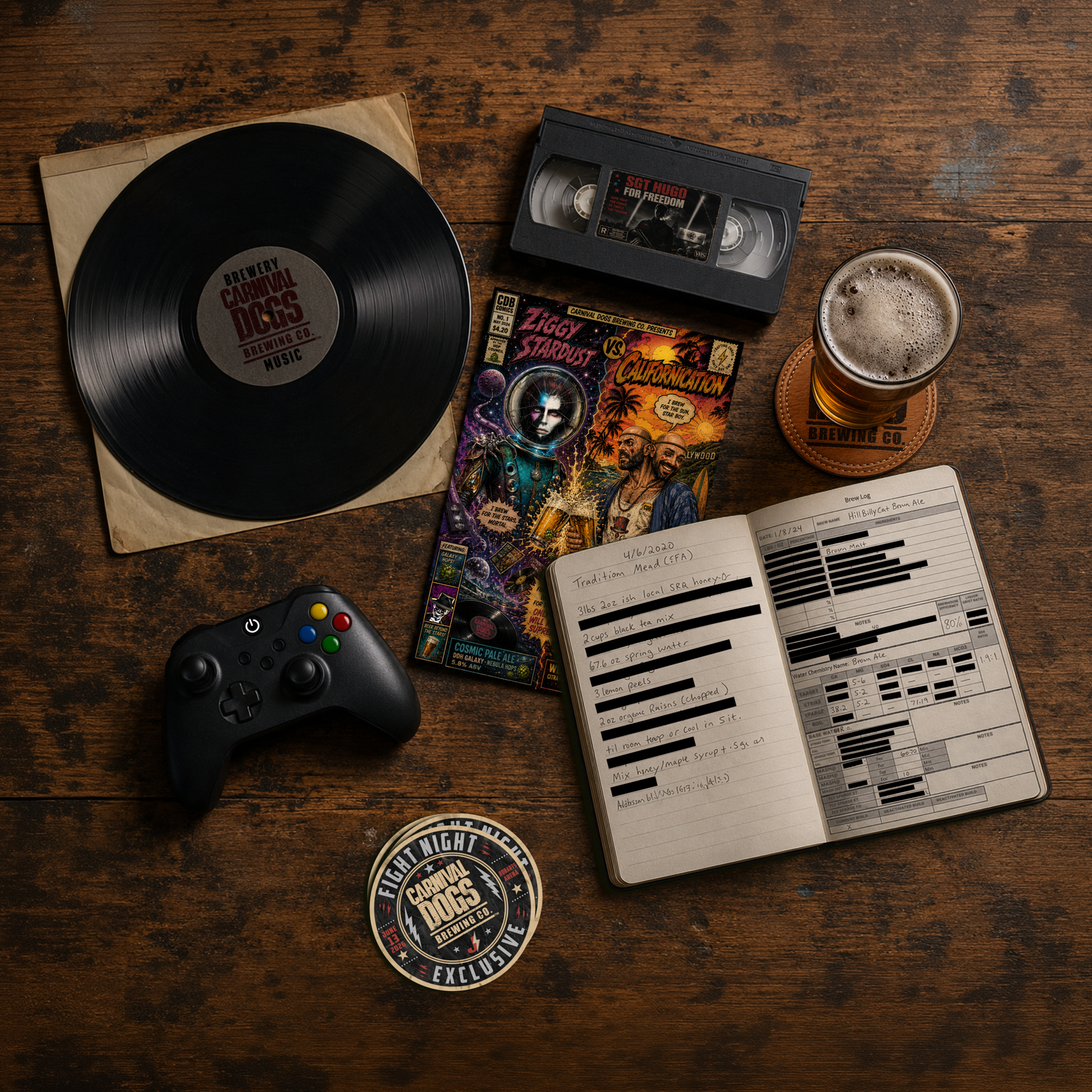 Vinyl records, video games, comic books, beer, and brewery recipes representing the inspiration behind Carnival Dogs Brewing Co.