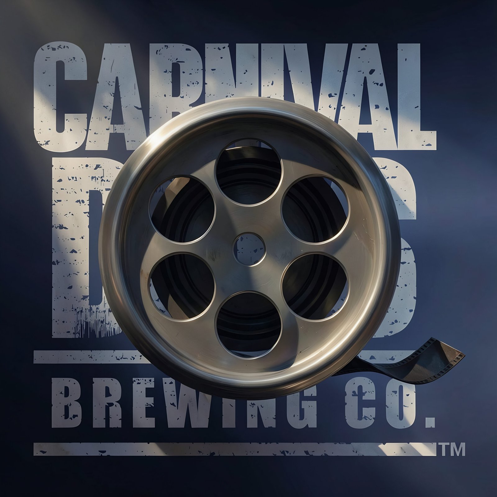 Film reel in front of Carnival Dogs Brewing Co. branding representing throwback movie nights and classic film events.